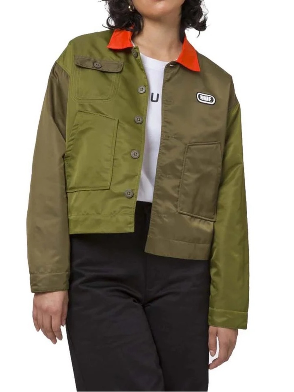 HUF Olive Green Utility Cropped Jacket with Orange Contrast Collar